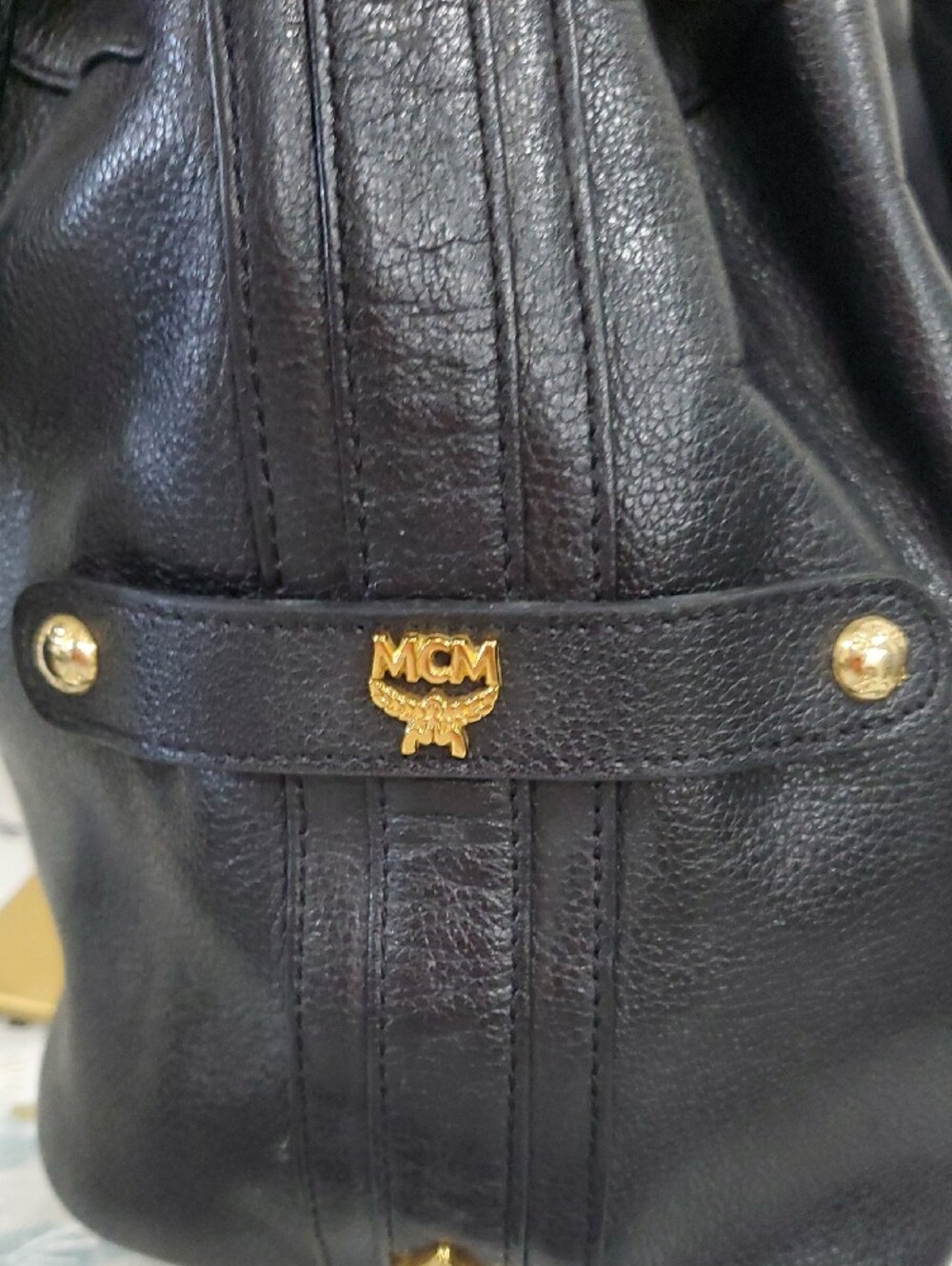MCM Heritage Black Pebbled Leather Drawstring Bucket Bag - Picture 8 of 16